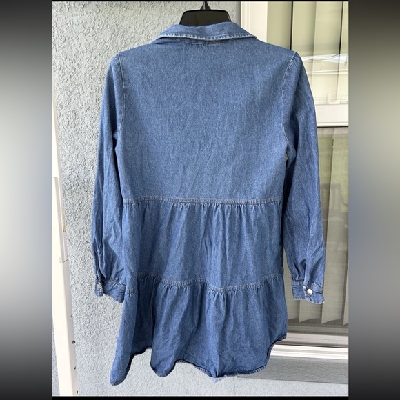 Zara Denim Mini Tiered Snap Buttons Minimalist Casual Babydoll Dress Size Small - Picture 2 of 4